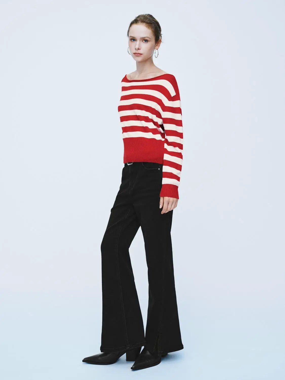 Striped Boat Neck Long Sleeve Ribbed Sweater