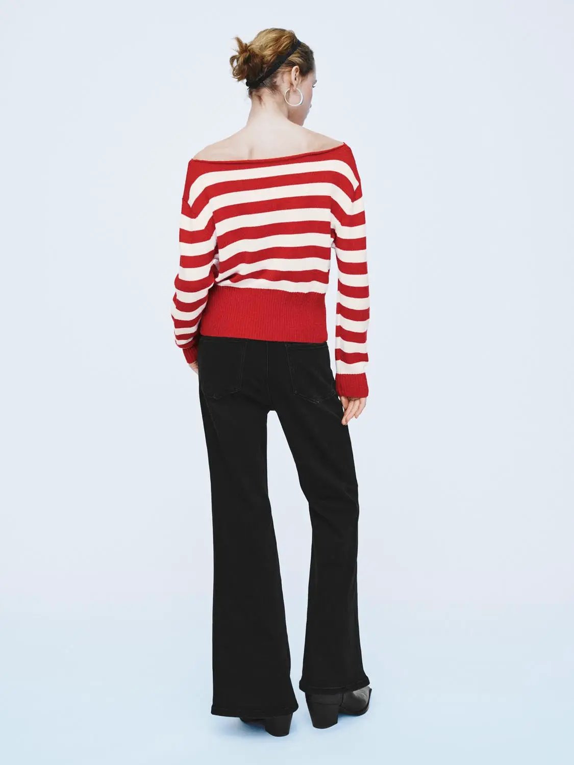 Striped Boat Neck Long Sleeve Ribbed Sweater