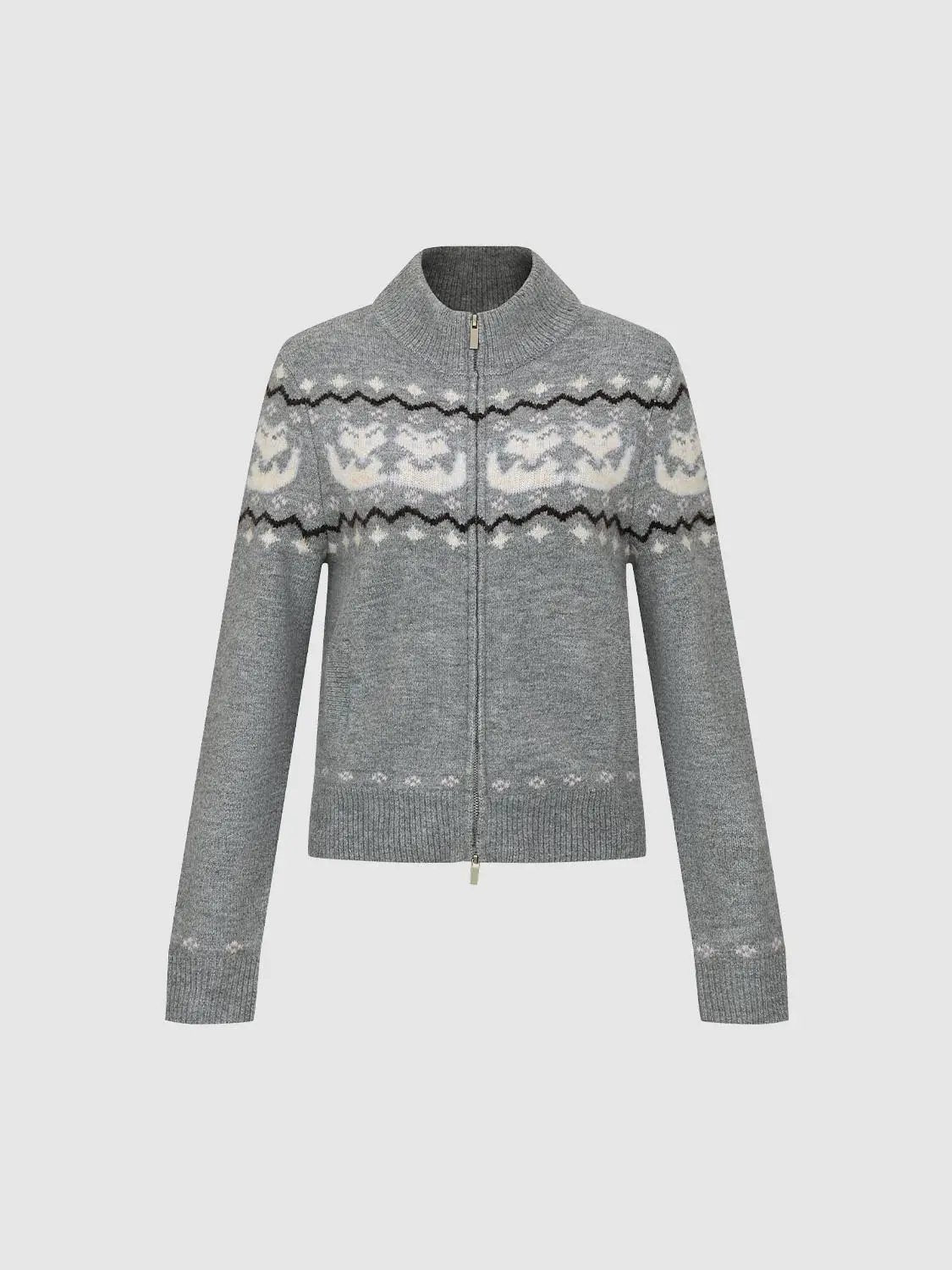 Zip Front Fair Isle Mock Neck Long Sleeve Cardigan