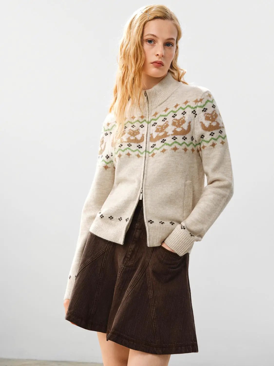 Zip Front Fair Isle Mock Neck Long Sleeve Cardigan