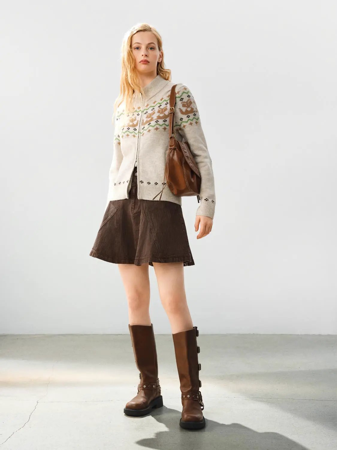 Zip Front Fair Isle Mock Neck Long Sleeve Cardigan