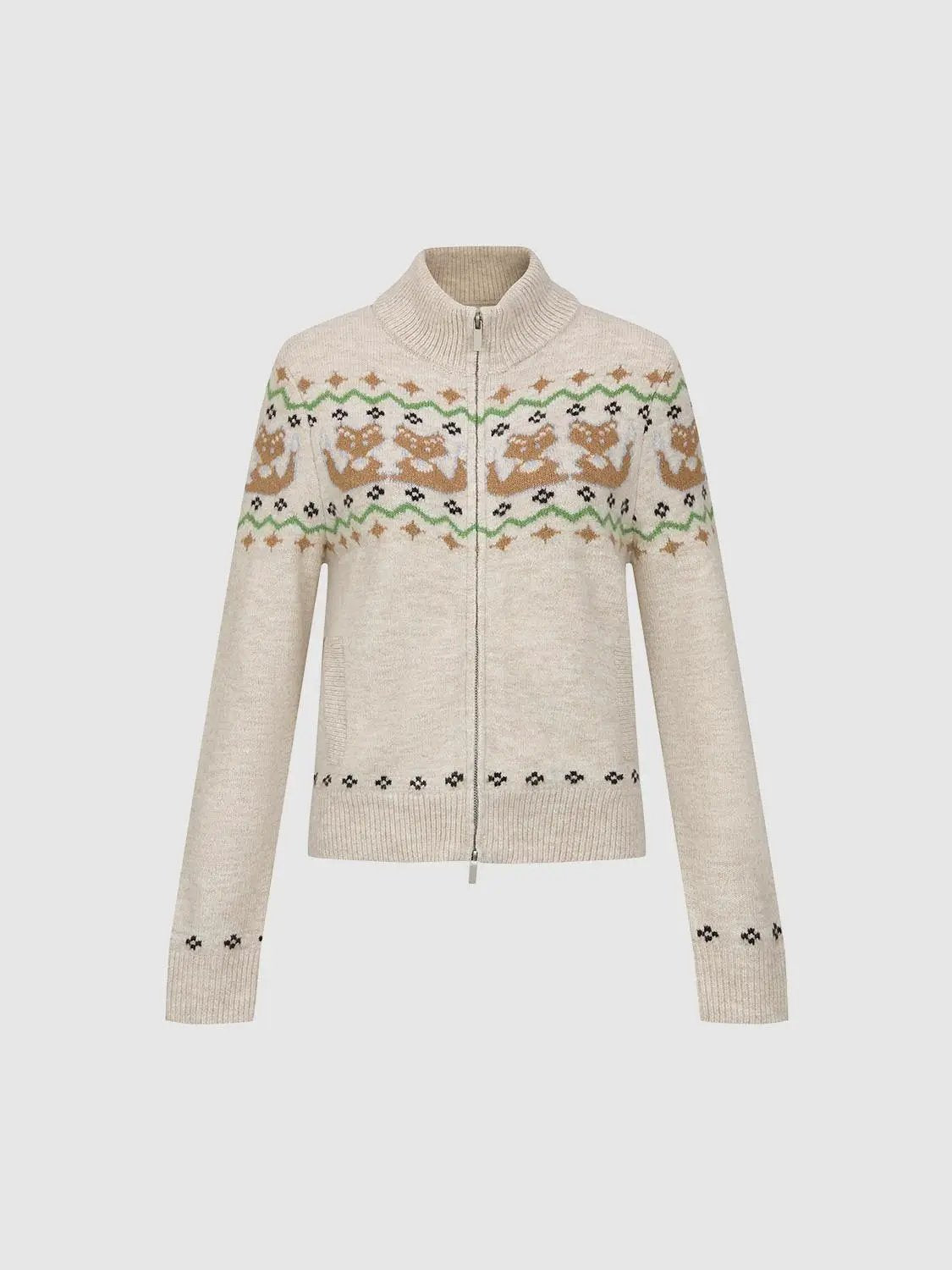 Zip Front Fair Isle Mock Neck Long Sleeve Cardigan