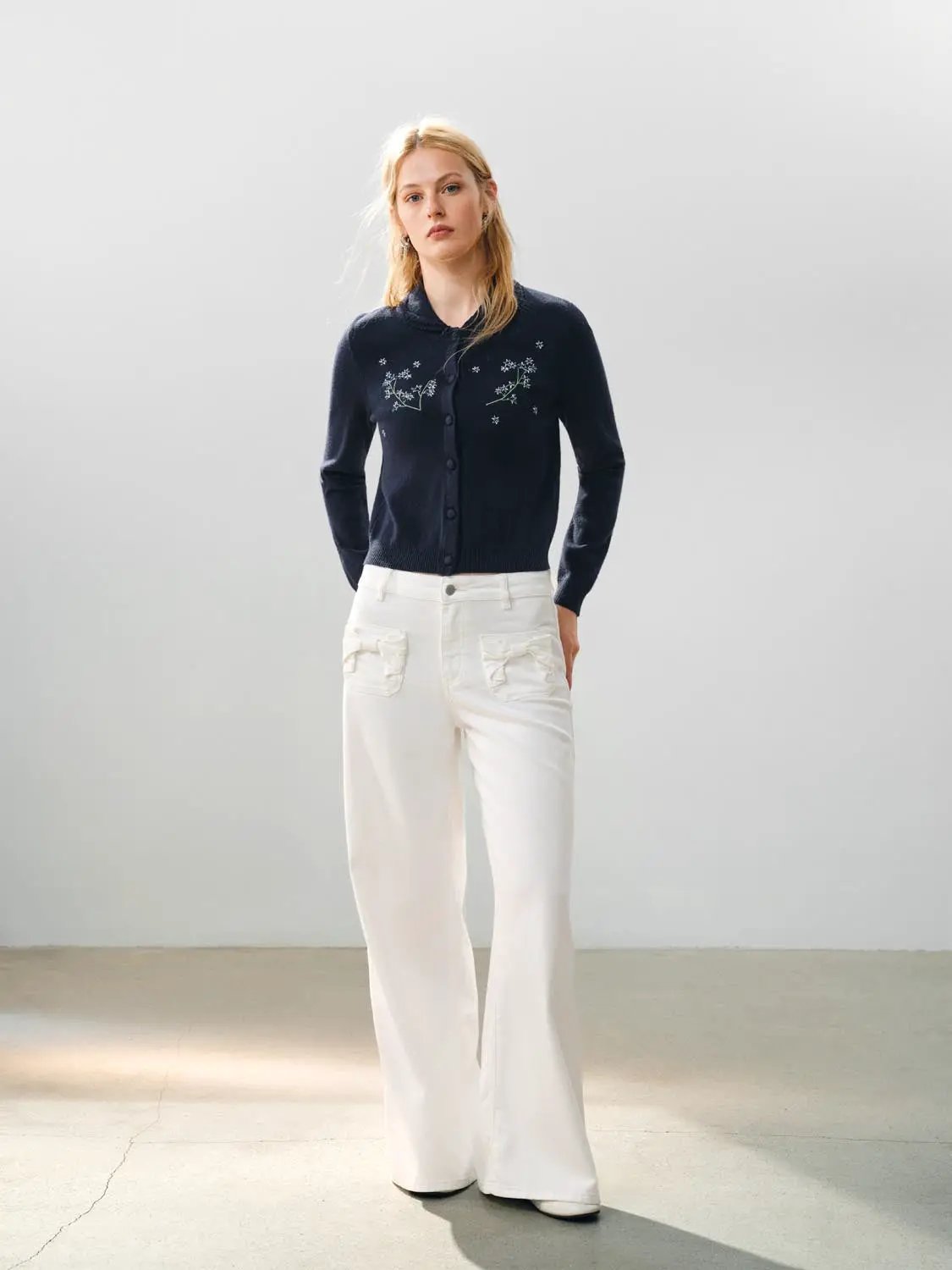 Embroidered Floral Ribbed Mock Neck Long Sleeve Cardigan