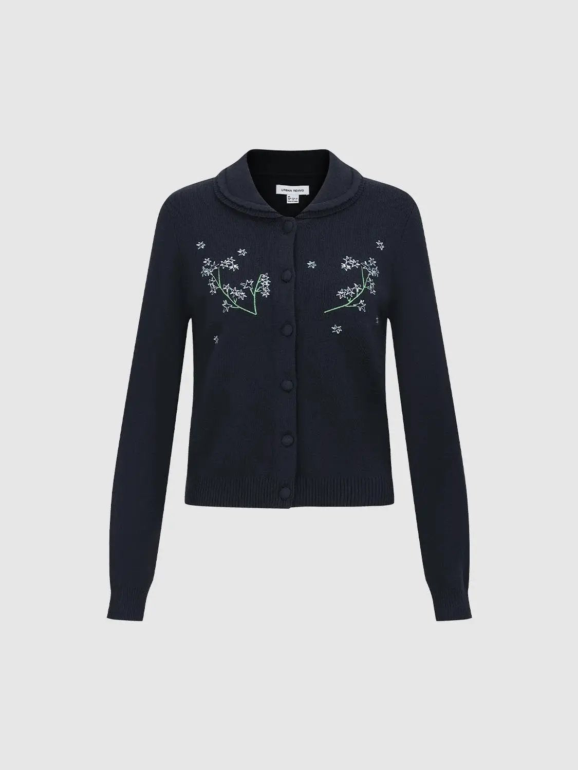 Embroidered Floral Ribbed Mock Neck Long Sleeve Cardigan
