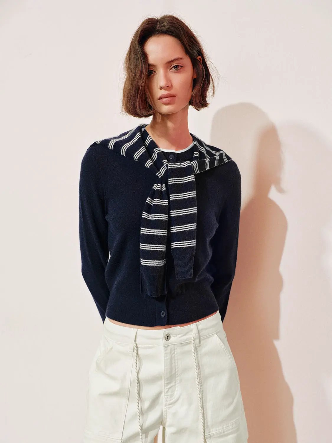 Knit Striped Shawl Button Front Long Sleeve Cardigan