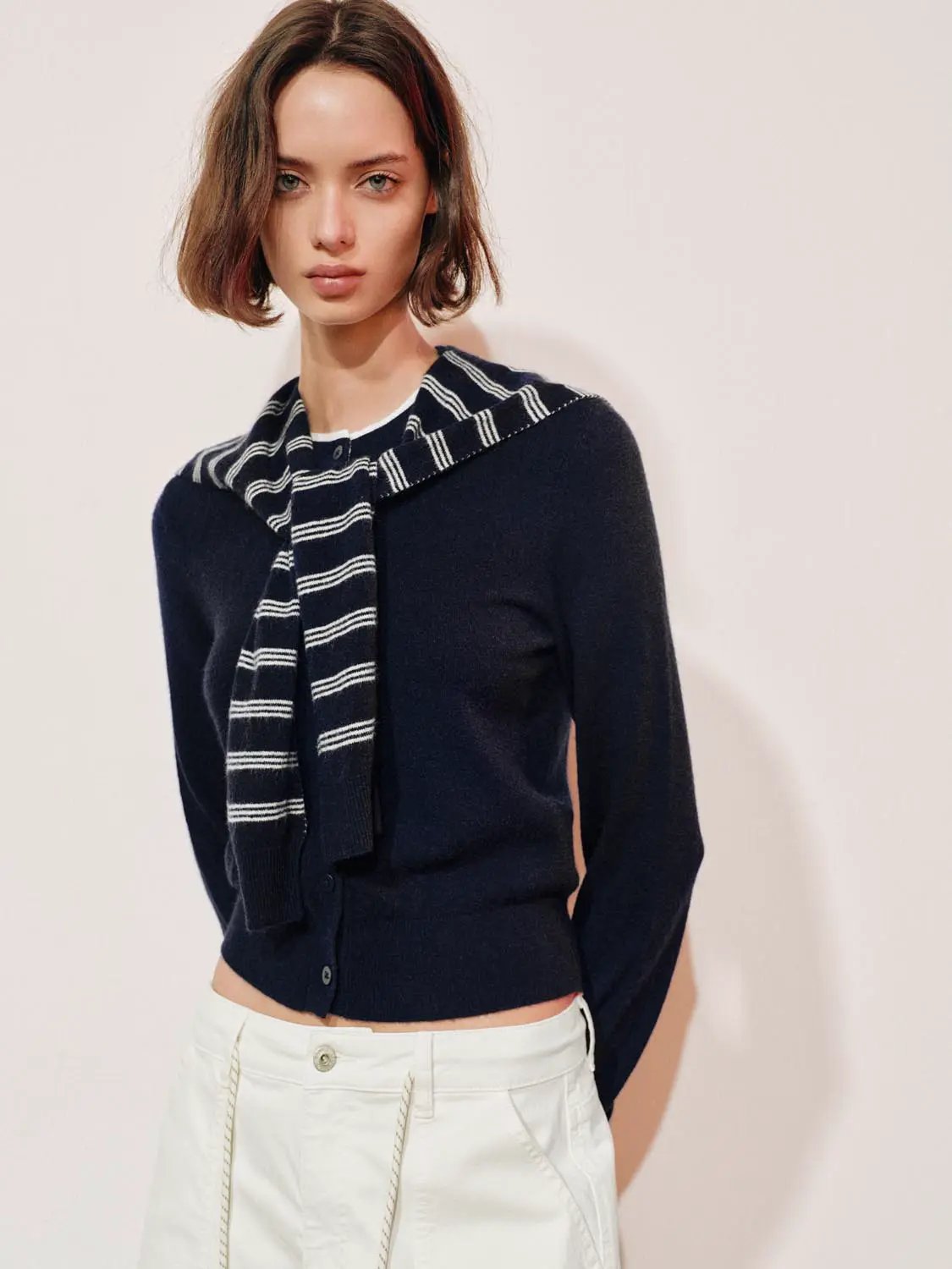 Knit Striped Shawl Button Front Long Sleeve Cardigan