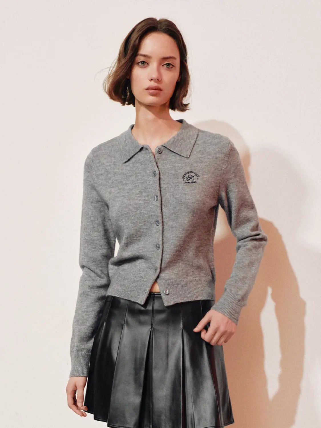 Faux Fur Collar Button Front Fitted Long Sleeve Knit Cardigan
