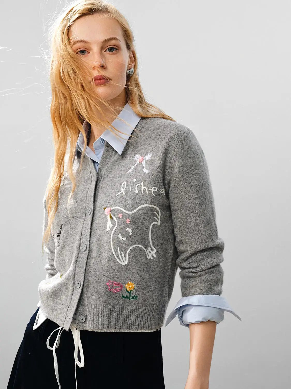 Embroidered Heather Long Sleeve Knit Cardigan