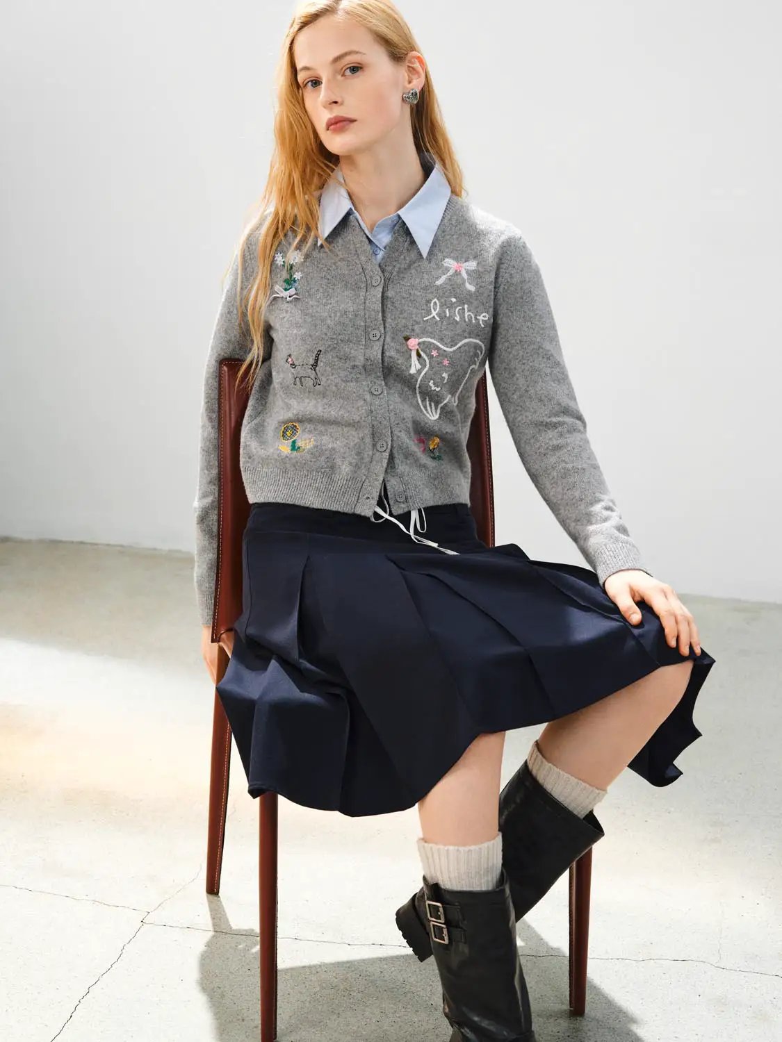 Embroidered Heather Long Sleeve Knit Cardigan