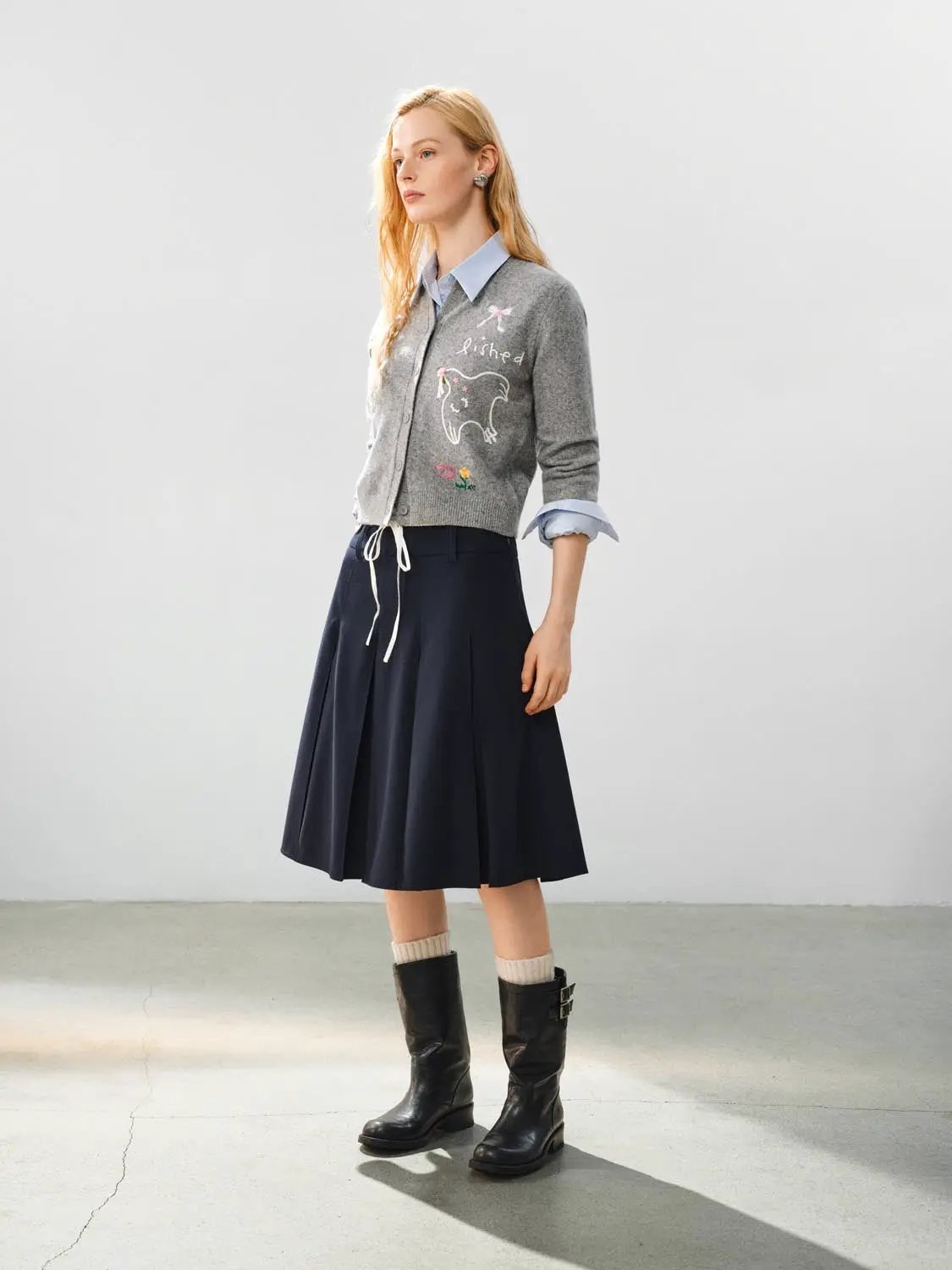 Embroidered Heather Long Sleeve Knit Cardigan