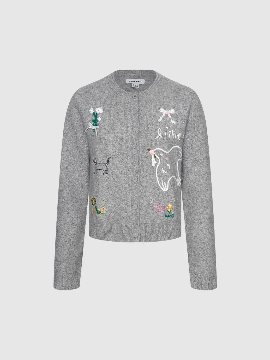 Embroidered Heather Long Sleeve Knit Cardigan
