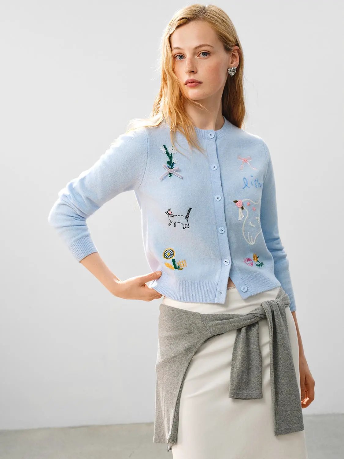 Embroidered Heather Long Sleeve Knit Cardigan
