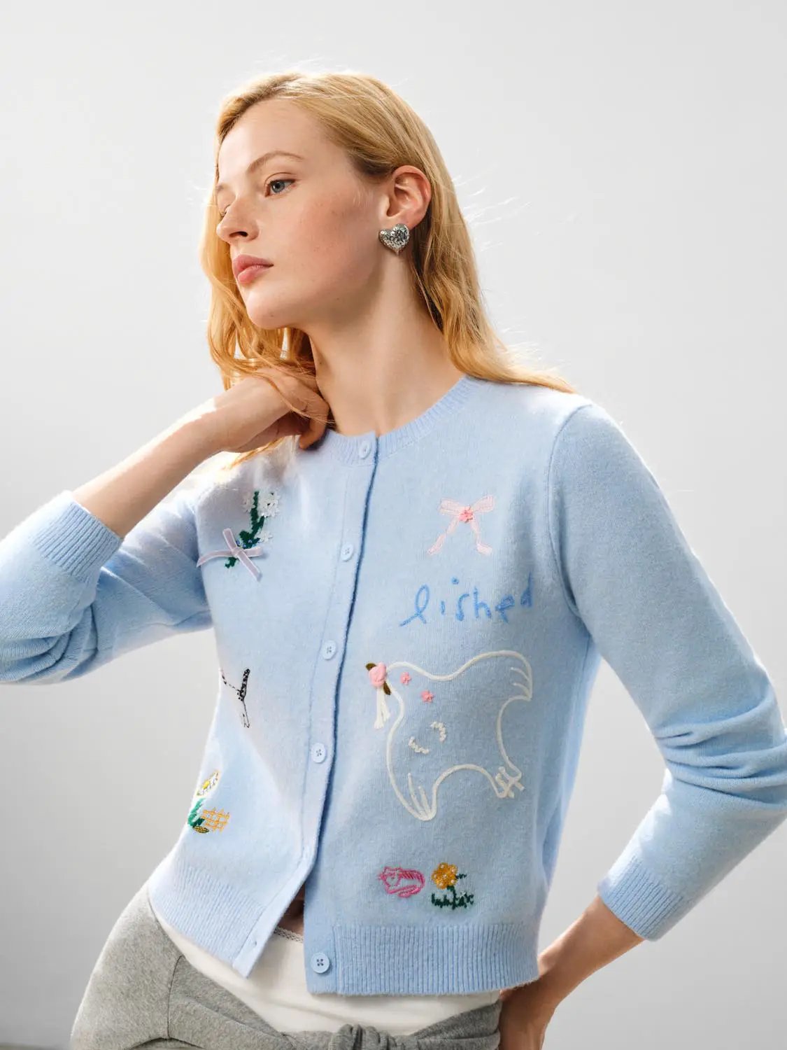 Embroidered Heather Long Sleeve Knit Cardigan