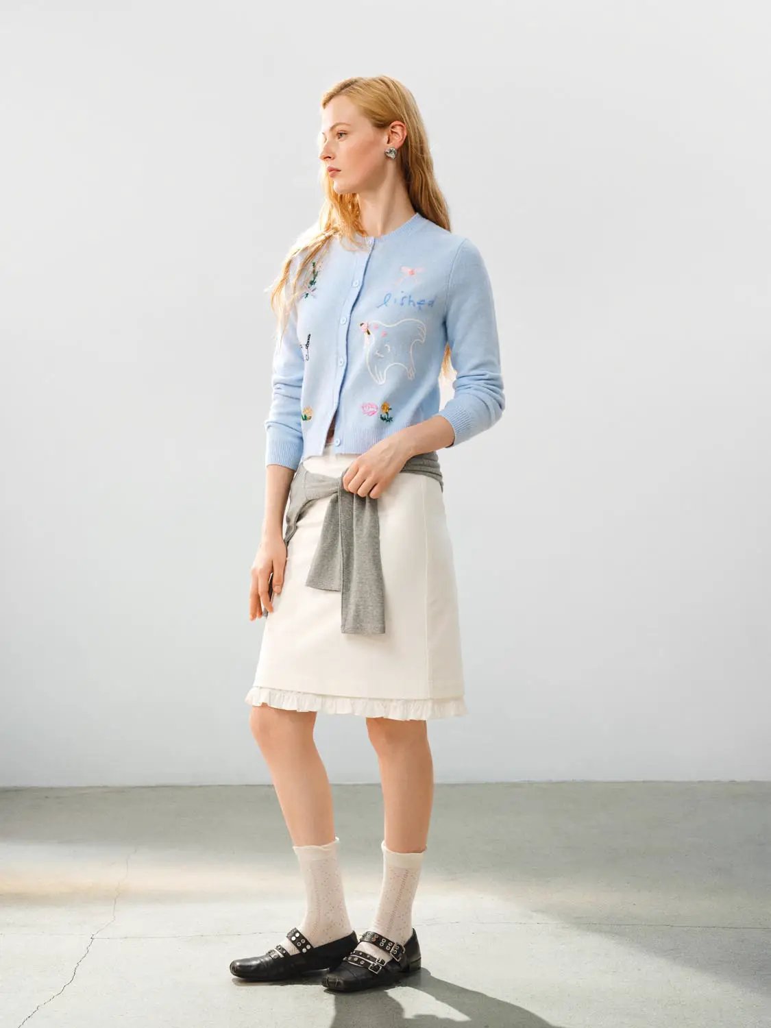 Embroidered Heather Long Sleeve Knit Cardigan
