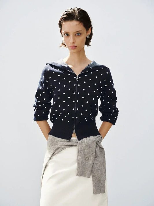 Polka Dot Zip Front Hooded Faux Fur Ribbed Long Sleeve Knit Jacket
