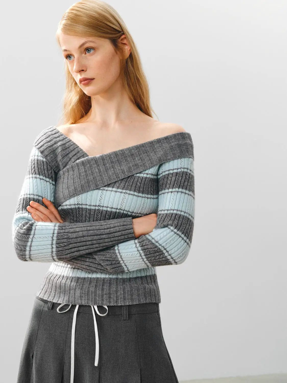 Striped Wrap Front Long Sleeve Ribbed Knit T-Shirt