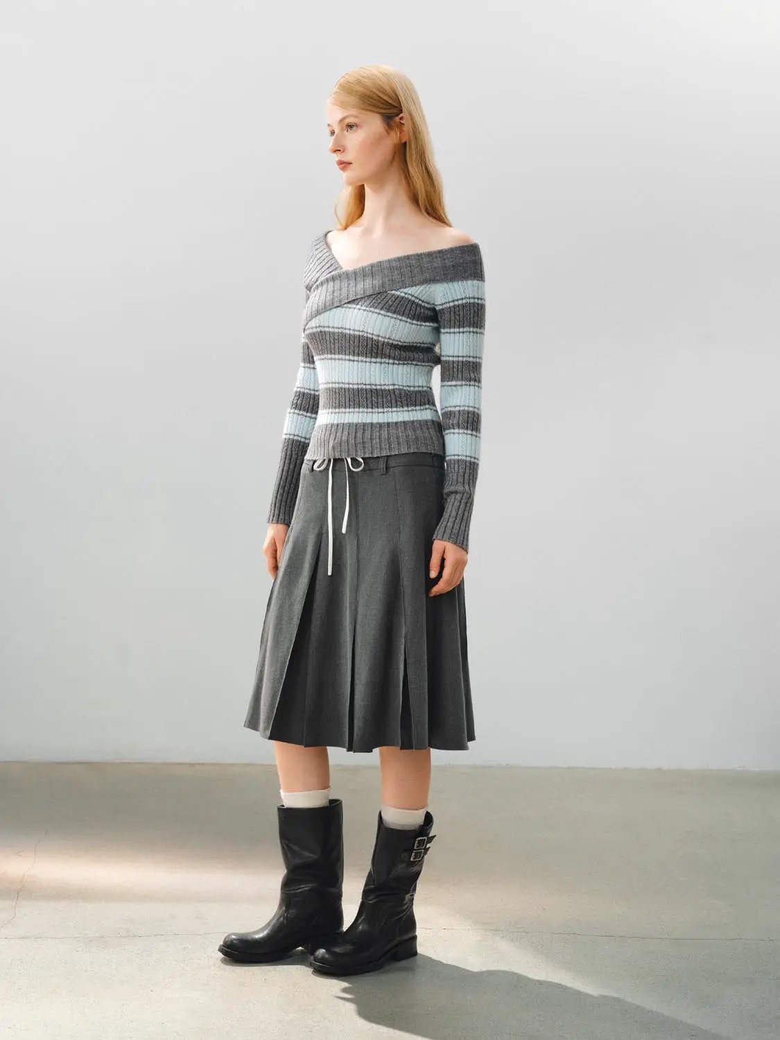Striped Wrap Front Long Sleeve Ribbed Knit T-Shirt