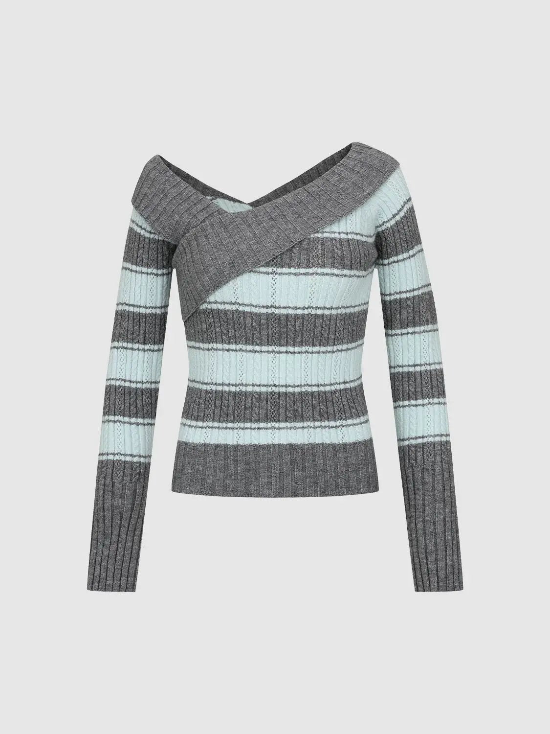 Striped Wrap Front Long Sleeve Ribbed Knit T-Shirt