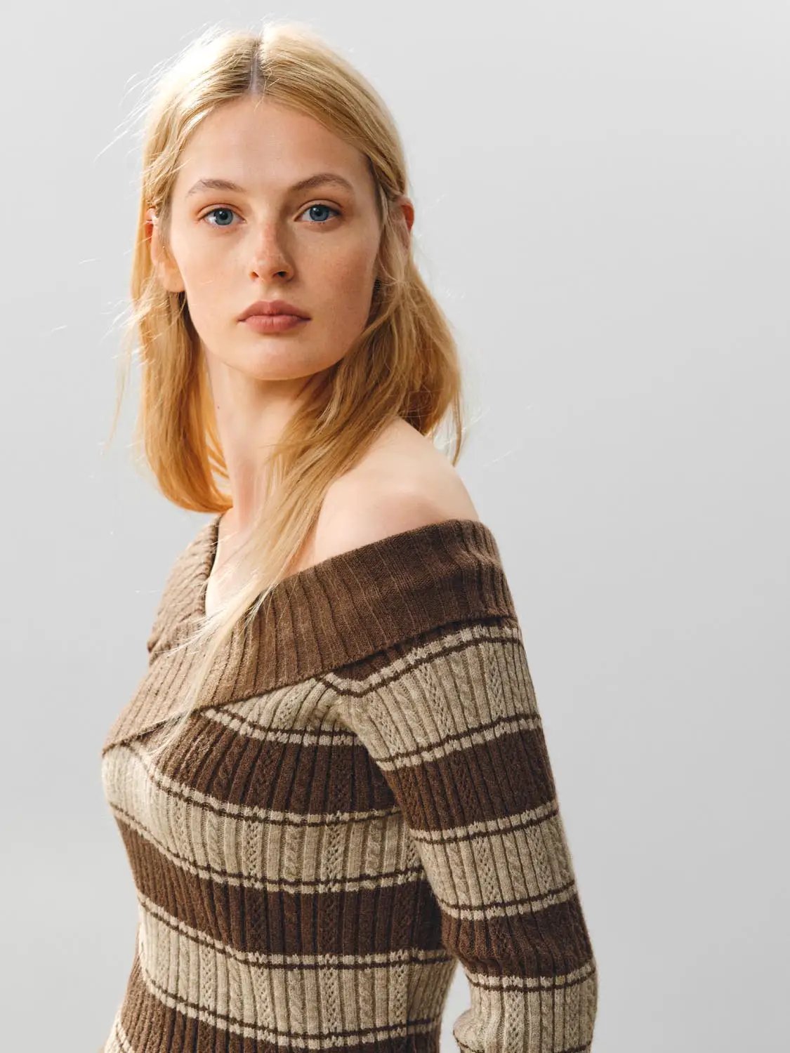 Striped Wrap Front Long Sleeve Ribbed Knit T-Shirt