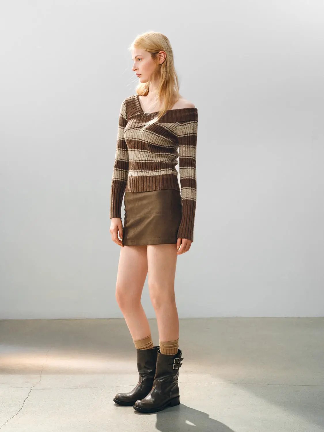 Striped Wrap Front Long Sleeve Ribbed Knit T-Shirt