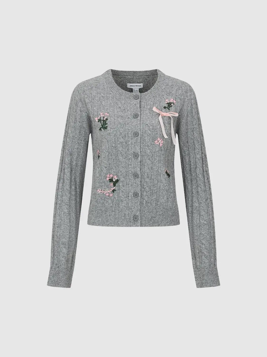 Cable Knit Floral Embroidered Crew Neck Long Sleeve Cardigan