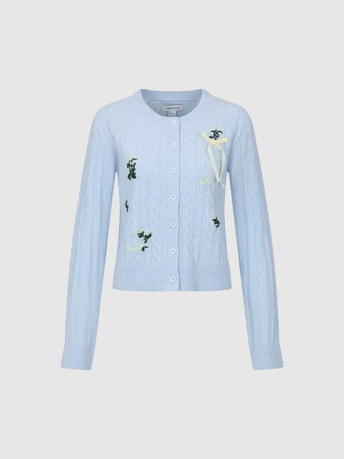 Cable Knit Floral Embroidered Crew Neck Long Sleeve Cardigan