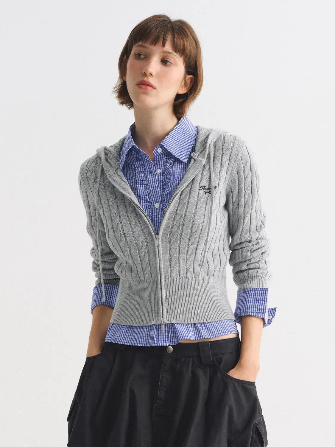 Cable Knit Hooded Long Sleeve Cotton Jacket