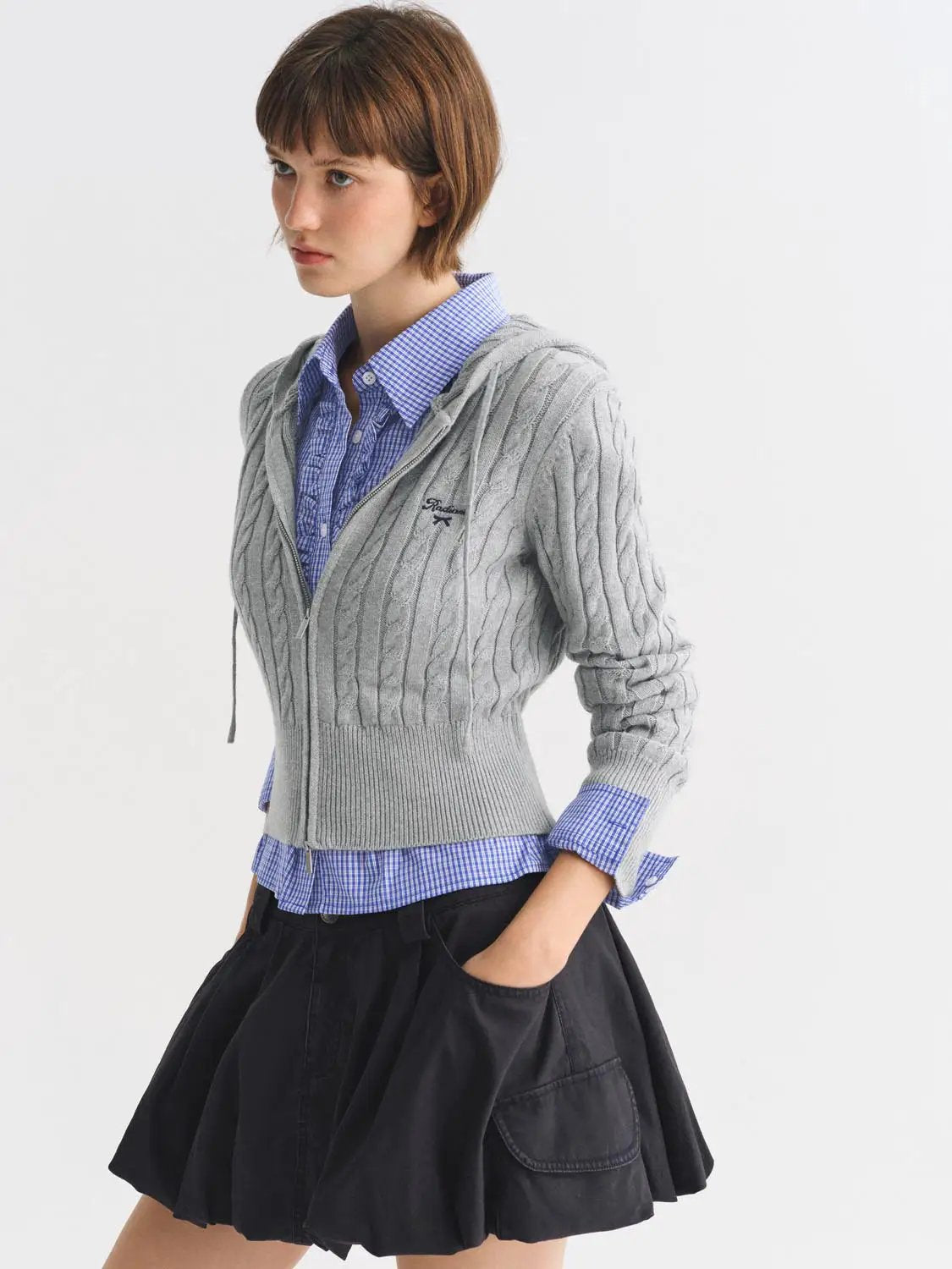 Cable Knit Hooded Long Sleeve Cotton Jacket