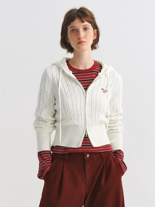 Cable Knit Hooded Long Sleeve Cotton Jacket