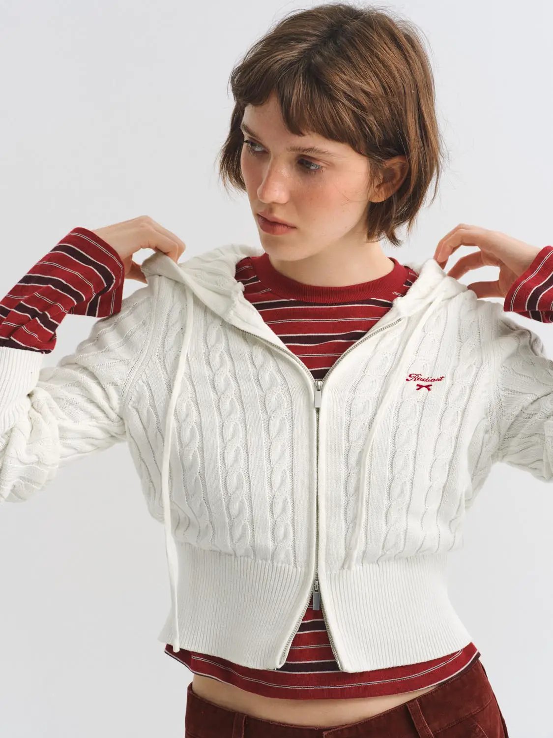 Cable Knit Hooded Long Sleeve Cotton Jacket