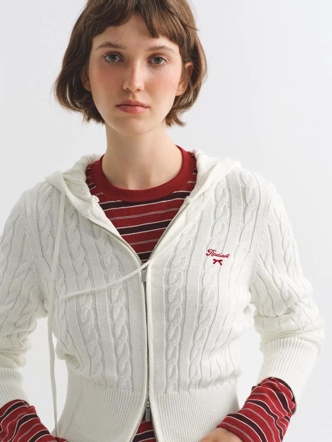 Cable Knit Hooded Long Sleeve Cotton Jacket