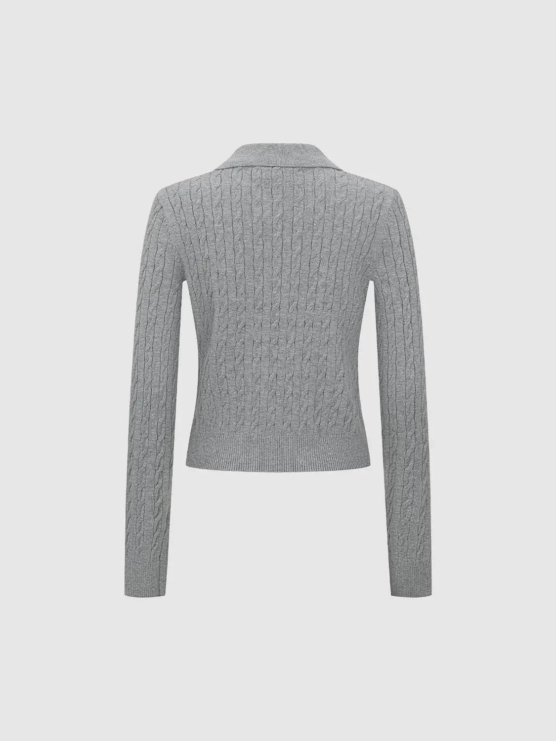 Cable Knit Long Sleeve Polo Collar Cotton Blend Sweater